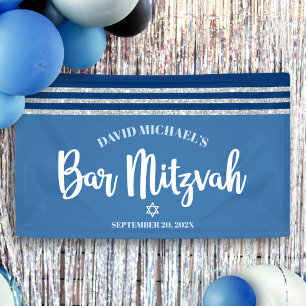 Banderoles Bar Mitzvah Moderne Tallit Bleu Argent Écriture Gr