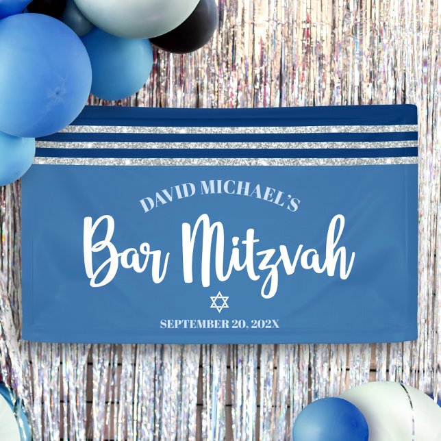 Banderoles Bar Mitzvah Moderne Tallit Bleu Argent Écriture Gr (Créateur téléchargé)