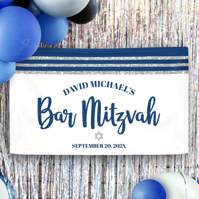 Banderoles Bar Mitzvah Moderne Tallit Marine Bleu Argent Écri (Créateur téléchargé)