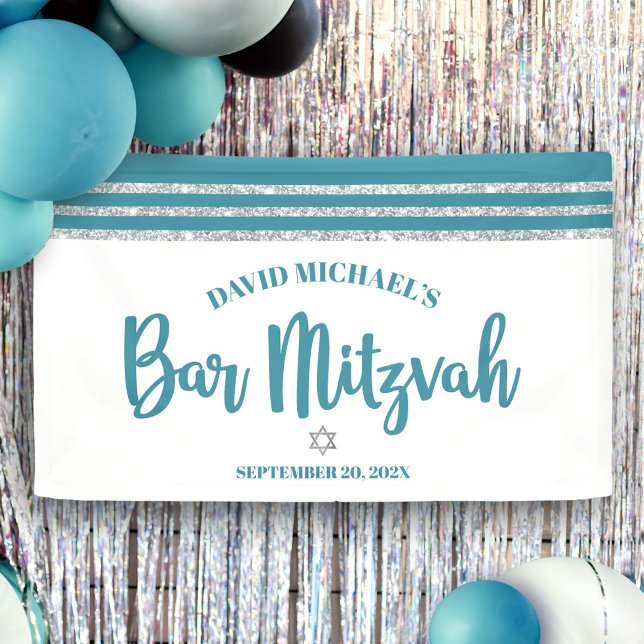 Banderoles Bar Mitzvah Moderne Turquoise Argent Tallit Script (Créateur téléchargé)