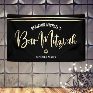 Banderoles Bar Mitzvah Noir Or Feuille Script Tallit Moderne