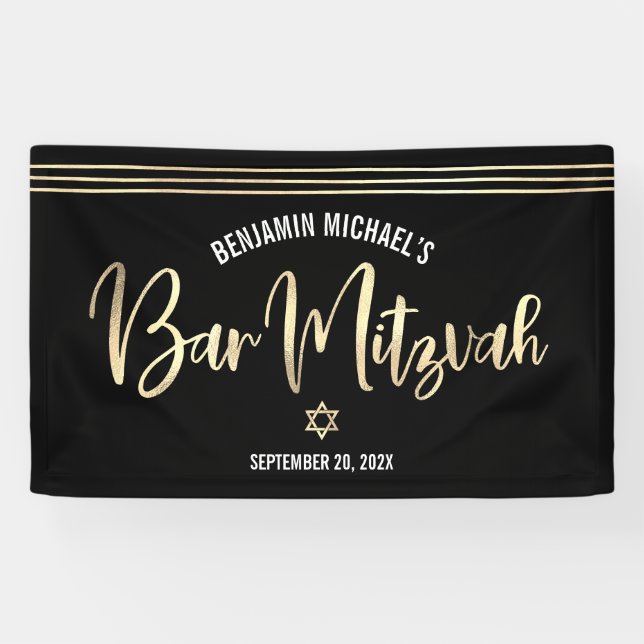 Banderoles Bar Mitzvah Noir Or Feuille Script Tallit Moderne (Horizontal)