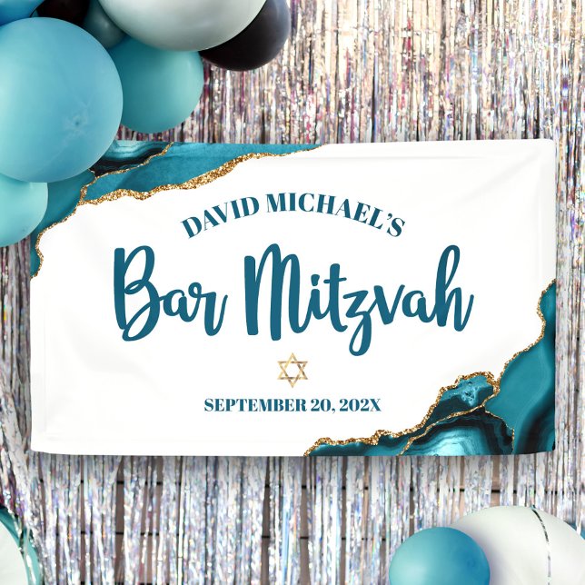 Banderoles Bar Mitzvah Simple Moderne Agate Turquoise Script (Créateur téléchargé)