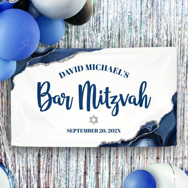 Banderoles Bar Mitzvah Simple Moderne Bleu Nuit Agate Script (Créateur téléchargé)