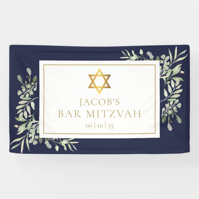 Banderoles Bar Mitzvah Verdure Célébration Bleu Nuit (Horizontal)
