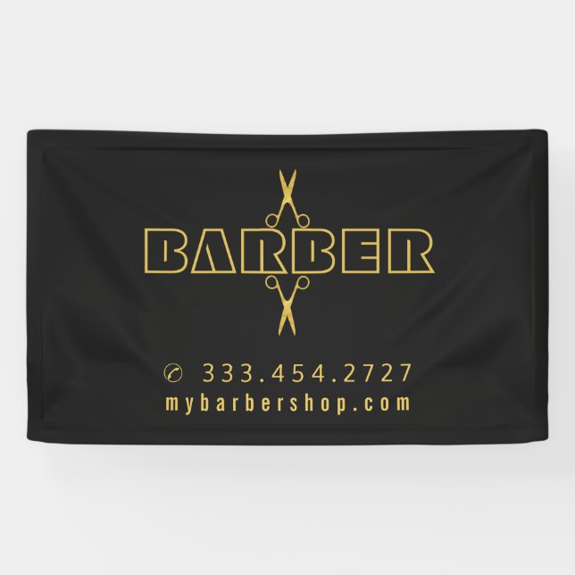 Banderoles Barber shop moderne script or ciseaux noir (Horizontal)