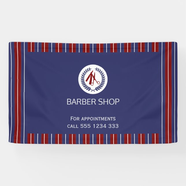 Banderoles Barber shop simple rouge marine rayures blanches (Horizontal)