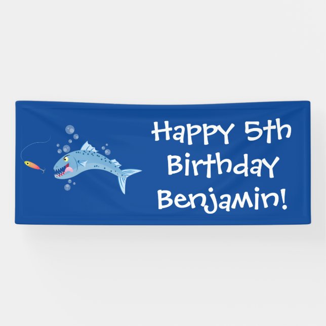 Banderoles Barracuda poisson affamé de la pêche dessin animé (Horizontal)