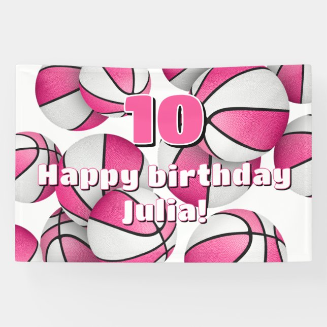 Banderoles basket blanc rose filles sport fête d'anniversaire (Horizontal)