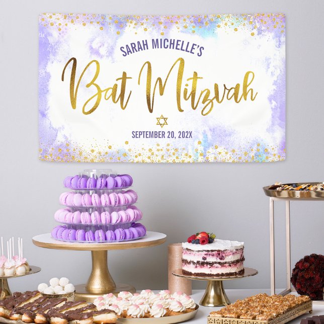 Banderoles Bât Mitsva aquarelle violette écriture feuille d'o (Créateur téléchargé)