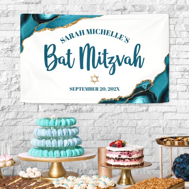 Banderoles Bat Mitzvah Agate Moderne Or Turquoise Script (Créateur téléchargé)