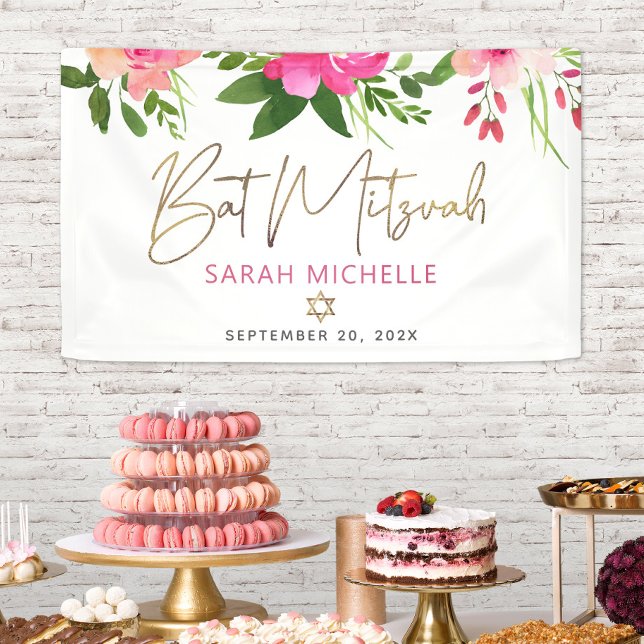 Banderoles Bat Mitzvah Aquarelle Rose Script Doré (Créateur téléchargé)