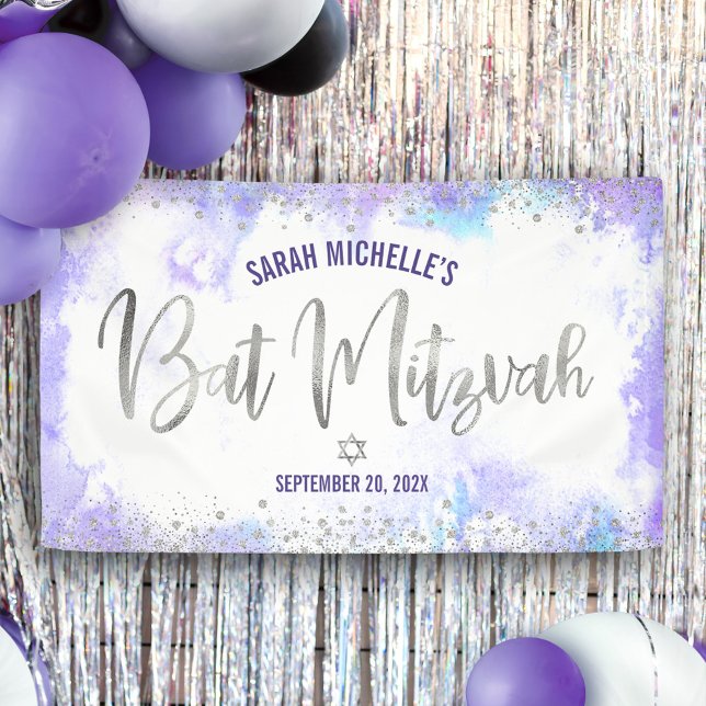 Banderoles Bat Mitzvah Aquarelle Violet Écriture en feuille d (Créateur téléchargé)