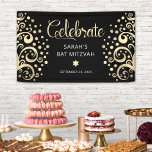 Banderoles Bat mitzvah Black Gold Foil Arbre de vie Script<br><div class="desc">Soyez fier, réjouissez-vous et présentez cette étape importante de votre Bat mitzvah préféré ! Accrochez cette étonnante bannière moderne, élégante et personnalisée pour ajouter à sa journée spéciale. Des arbres à feuille d'or abstrait et graphique avec l'étoile brillante de David et des "feuilles" de point, ainsi que des scripts de...</div>