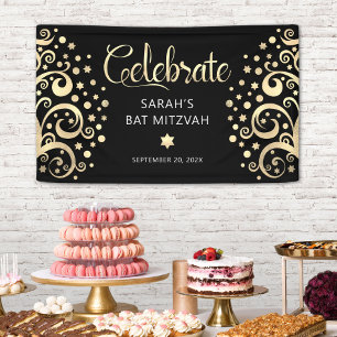Banderoles Bat mitzvah Black Gold Foil Arbre de vie Script