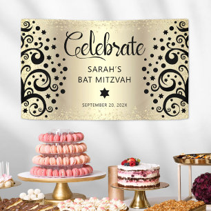 Banderoles Bat mitzvah d'huile d'or noir Arbre de vie Script