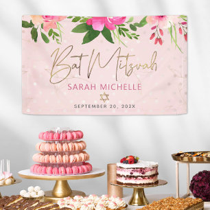 Banderoles Bat Mitzvah Floral Rose Aquarelle Écriture Dorée