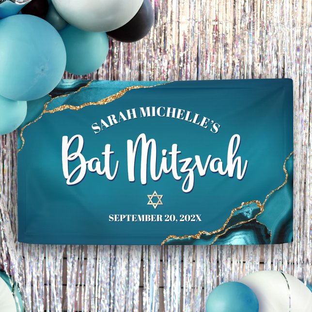 Banderoles Bat Mitzvah Gras Agate Or Turquoise Dégradé Script (Créateur téléchargé)