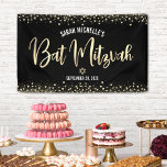 Banderoles Bat Mitzvah Moderne Noir Paillettes Dorées Écritur<br><div class="desc">Soyez fiers, réjouissez-vous et mettez en valeur ce jalon de votre Bat Mitzvah préférée ! Accrochez cette bannière personnalisée, moderne et élégante pour ajouter à son jour spécial. Une écriture calligraphique en faux foil doré scintillant et des points de confettis pailletés se superposent sur un fond noir sophistiqué et dramatique....</div>