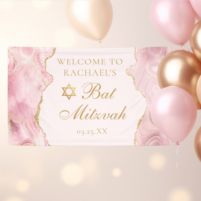 Banderoles Bat mitzvah Personnalisé de l'Agate rose chic (Créateur téléchargé)
