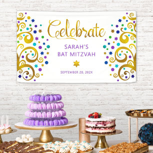 Banderoles Bat mitzvah Purple Gold Foil Script Arbre de vie