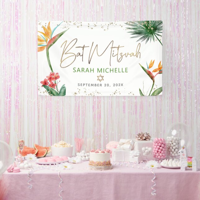 Banderoles Bat mitzvah Tropical Palm Leaf Gold Script Bienven (Fête)