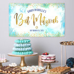 Banderoles Batik de Bat Mitzvah turquoise aquarelle écriture<br><div class="desc">Soyez fiers, réjouissez-vous et mettez en valeur ce jalon de votre Bat Mitzvah préférée ! Accrochez cette bannière personnalisée, moderne et élégante pour ajouter à son jour spécial. Une écriture calligraphique en faux feuillet doré scintillant et des points de strass se superposent sur un fond aquarelle turquoise. Personnalisez le texte...</div>