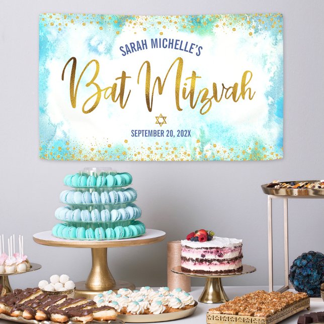 Banderoles Batik de Bat Mitzvah turquoise aquarelle écriture  (Créateur téléchargé)
