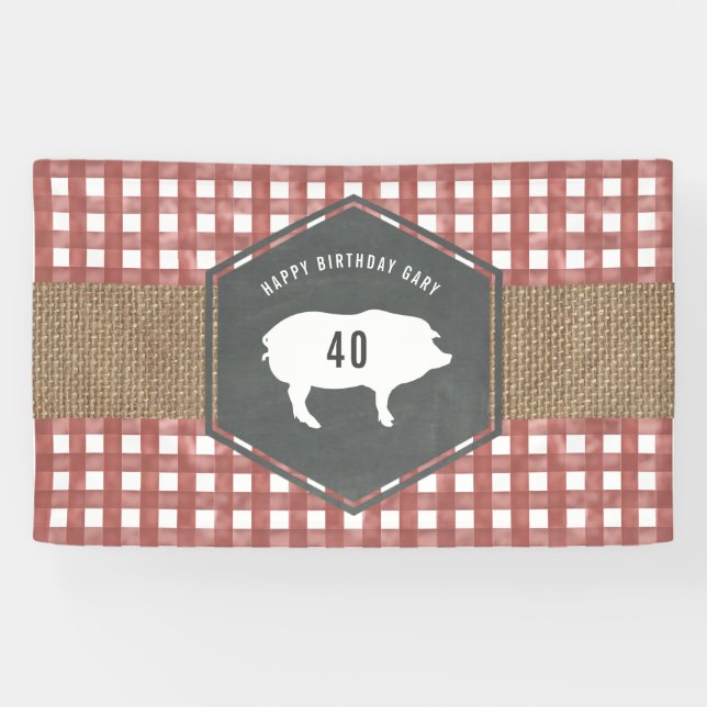 Banderoles BBQ rouge d'anniversaire de porc de toile de jute (Horizontal)