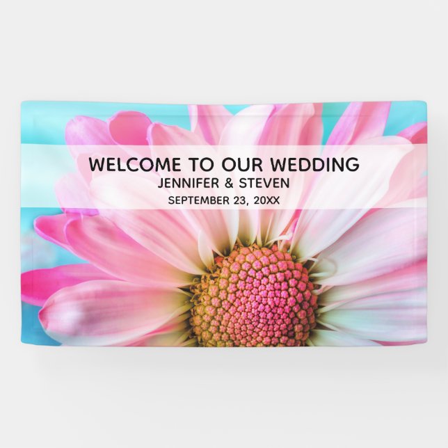 Banderoles Beau Mariage photo rose Fleur Bienvenue (Horizontal)