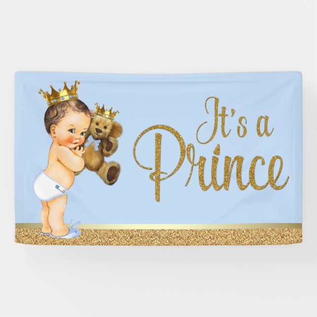 Banderoles Bébé Bleu Or Prince Teddy Baby shower Ours (Horizontal)