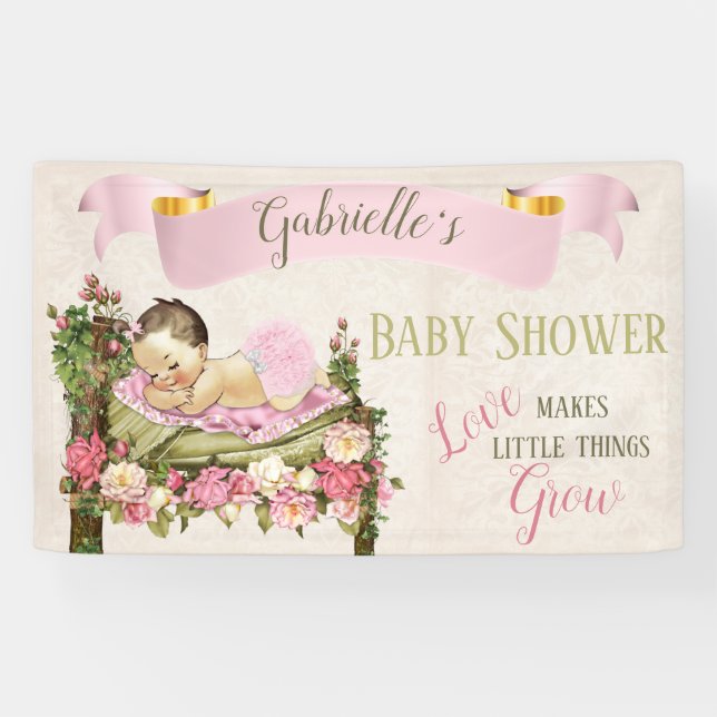 Banderoles Bébé de douche de jardin Fille dormant Lit de rose (Horizontal)