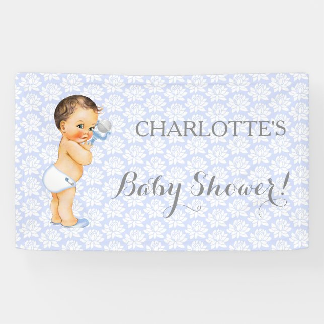 Banderoles Bébé Garçon Vintage Bleu Blanc & Gris (Horizontal)