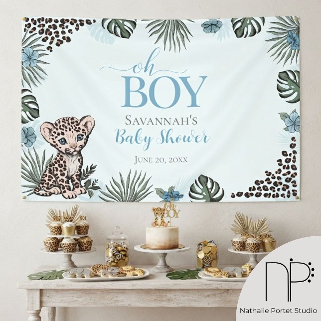 Banderoles Bébé Léopard Bleu Baby Shower (Leopard Cub Blue Baby Shower Banner with baby boy leopard, jungle leaf border for safari party decor)