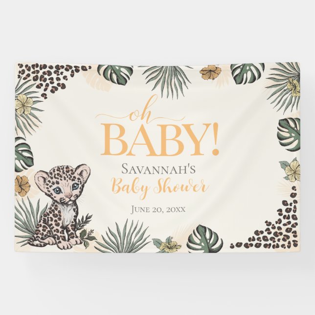 Banderoles Bébé Léopard Mignon Fête Prénatale Jaune (Horizontal)