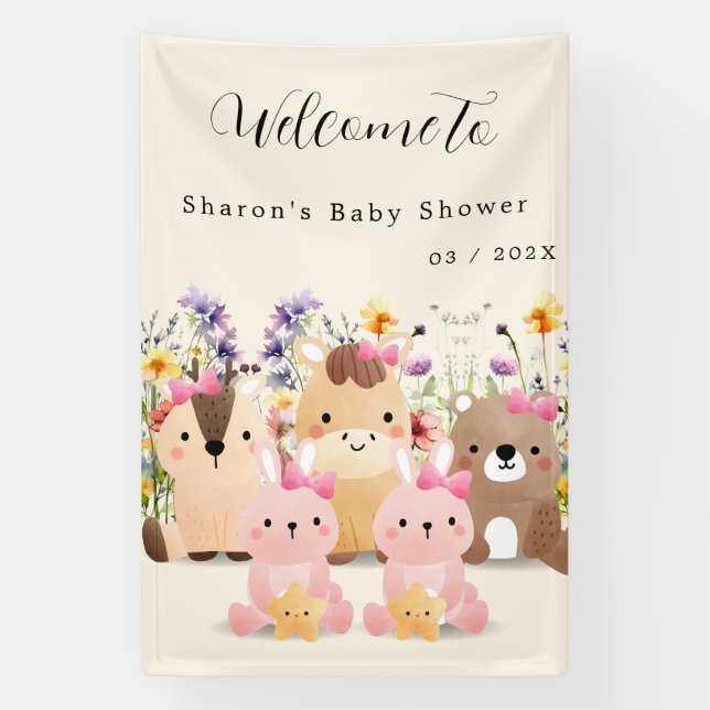 Banderoles Bébé mignon Animaux et Baby shower Fleur sauvage (Verticale)