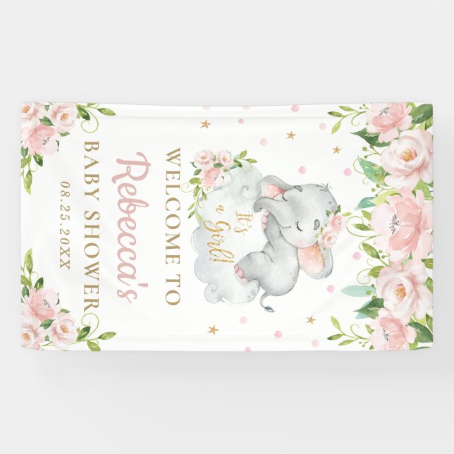 Banderoles Bébé mignon Eléphant rose Floral fond d'accueil (Horizontal)