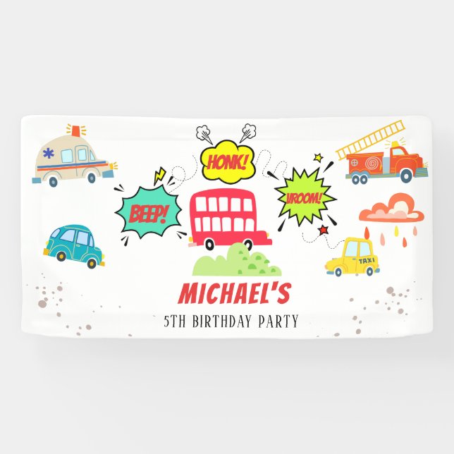 Banderoles Beep de Honk vroom véhicules heureux garçon annive (Horizontal)