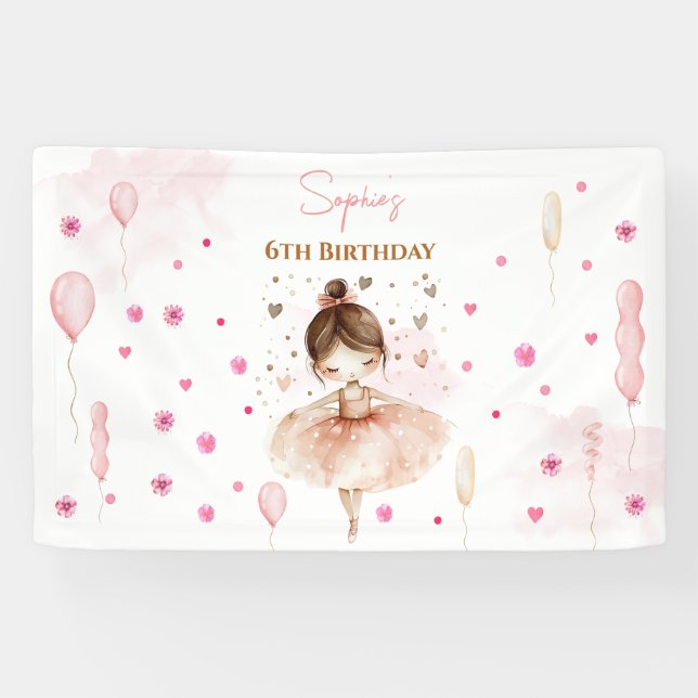 Banderoles Belle ballerine rose et ballons anniversaire (Horizontal)