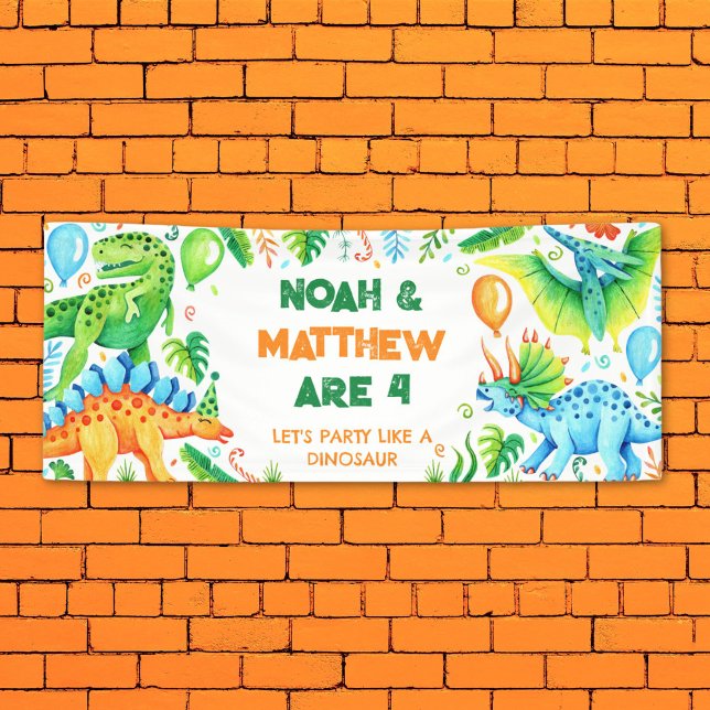 Banderoles Belle Dinosaure Fraternité des frères et soeurs An (Cute Dinosaurs Joint Siblings Birthday Banner)