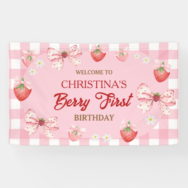 Banderoles Berry first birthday pink gingham strawberry girl (Horizontal)