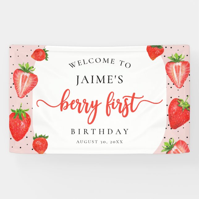 Banderoles Berry First Birthday Strawberry Girl Welcome (Horizontal)