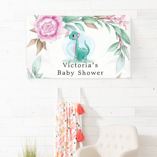 Banderoles Beurre Dinosaure mignon Baby shower de pivoine ros (En situation)