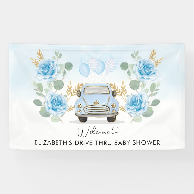 Banderoles Bienvenue à la Baby Shower Blue Gold Floral Drive  (Horizontal)