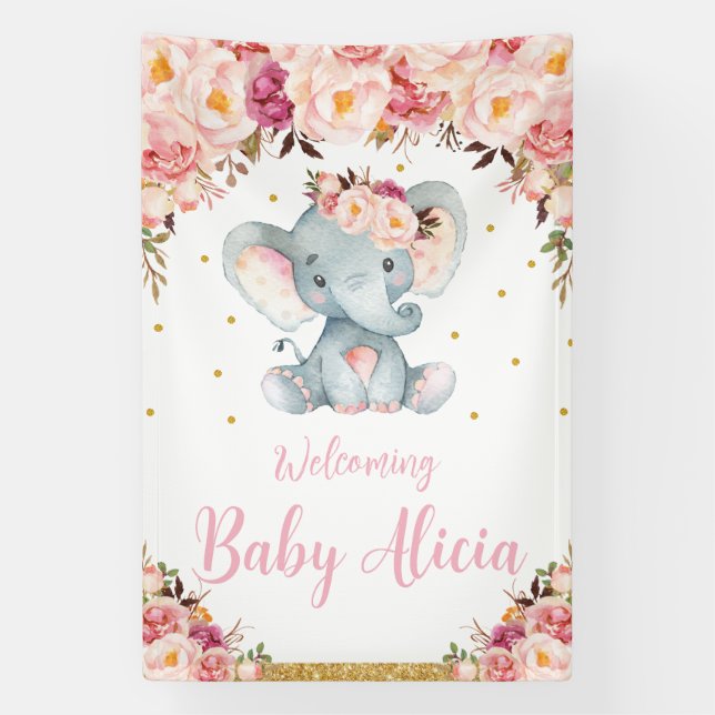 Banderoles Bienvenue à la Baby Shower Eléphant Floral Rose Bl (Verticale)