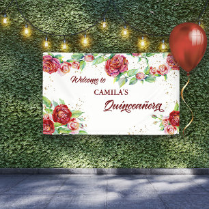Banderoles Bienvenue à la Guirlande Florale Quinceanera Rose