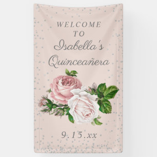 Banderoles Bienvenue à la Quinceañera aux roses roses vintage