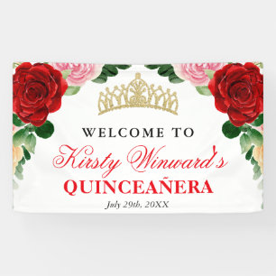 Banderoles Bienvenue à la Quinceañera aux Roses Rouges Aquare