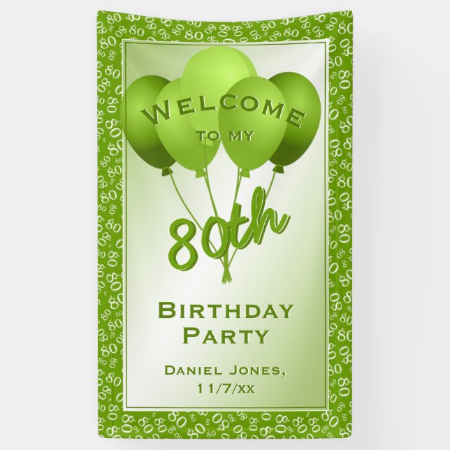 Banderoles Bienvenue à ma 80e fête d'anniversaire - Vert/Blan (Vertical)