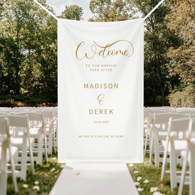 Banderoles Bienvenue à notre bonheur toujours après! (Welcome to our happily ever after! White Banner. Personalized with your name and date. )
